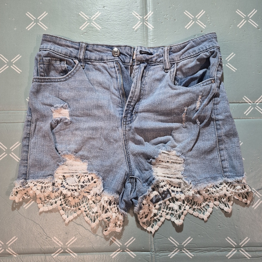 Almost Famous Light Blue Jean Shorts with White Lace